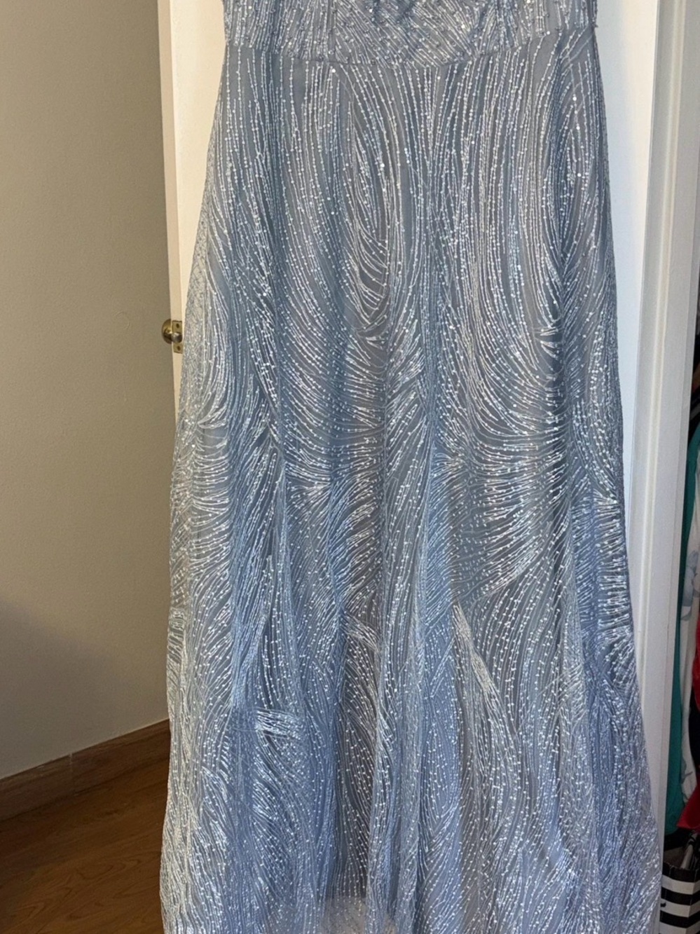 Women’s Blue Mesh Beaded Sequin Gown High Neck Feather Trim Long Size XL- 1XL